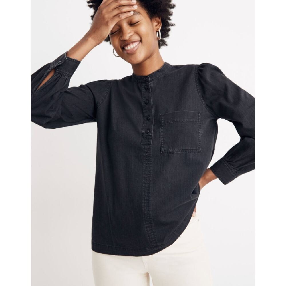 NWT Madewell Denim Collarless Popover Shirt Cotton Black Acid Wash Size XS
